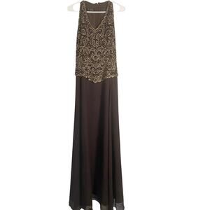 J Kara New York Beaded Evening Gown Dress Size 8 Brown Chiffon Formal Occasion